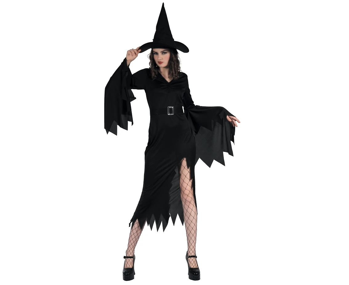 Role play-set for adult Black Witch (dress, hat, belt), size M